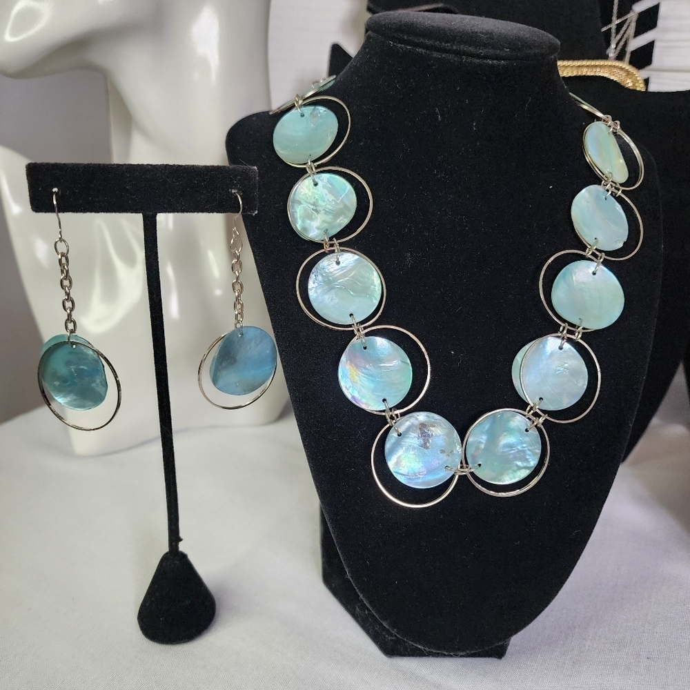 Silver and Abalone Shell Necklace and Earrings Set